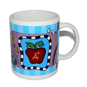 Teacher Ceramic Mug A+ Apple & School-Themed Design Papel 8oz Blue & White Vtg